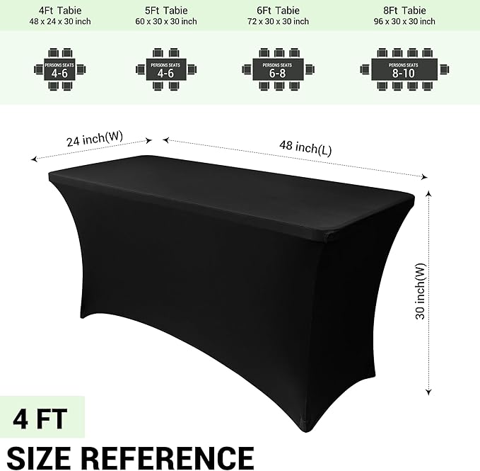 Obstal 4ft Stretch Spandex Table Cover - 4 Pack Universal Rectangular Fitted Tablecloth Protector for Wedding, Banquet and Party, Black