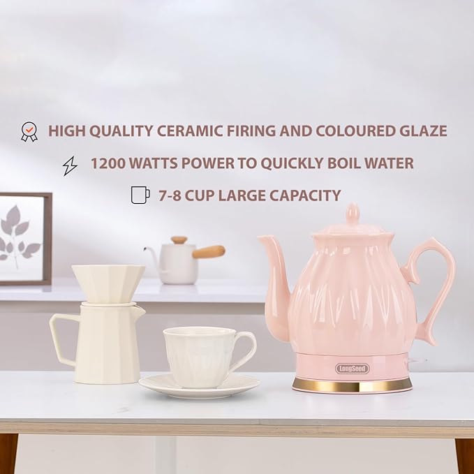 Ceramic Electric Kettle, 1.5L/1200W Boil Water Quickly and Easily with Boil-Dry Protection Auto Shut Off, Detachable Swivel Base, Diamond Cut Glazed