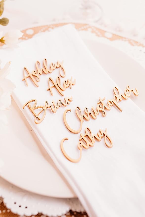 Customized Wooden Name Tags for Place Setting, Personalized Place Cards for Weddings, Bridal Showers and Events, Cursive Laser Cut Seating Cards