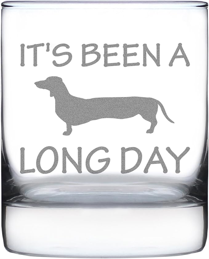 Bevvee Long Day - Funny Dachshund Whiskey Rocks Glass Gifts for Men & Women - Fun Whisky Drinking Tumbler Décor