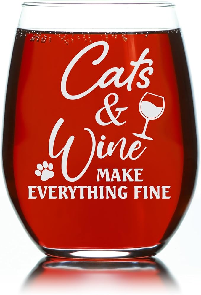 C M - Cats and Wine Make Everything Fine Funny Stemless Wine Glass - Cat Lover Themed Gift for Women and Men - 17 oz. (Style CW2)