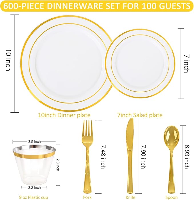WELLIFE 300 PCS Gold Dinnerware Set for 50 Guests, Gold and White Disposable Plastic Plates for Party, 50 Dinner & Salad Plates, 50 Cups Forks Knives Spoons for Wedding and Party Supplies