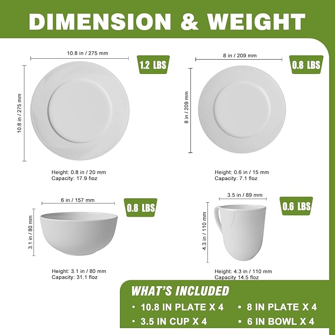 Yoshy 12-Piece White Bone China Dinnerware with Lightweight Durable Chip Resistant Design Service for 4 (16 Piece - Service for 4, Rhythmlight)