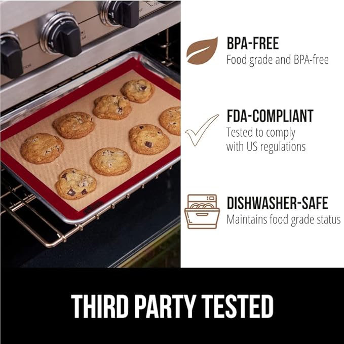 GORILLA GRIP Reusable Nonstick Silicone Baking Mat, 2-Pack, 16.5x11.87, Half Sheet, BPA-Free Oven Safe Food Liner for Cookie Sheets, No Mess Easy Clean Pastry Mats, Holiday Baking Essentials, Red