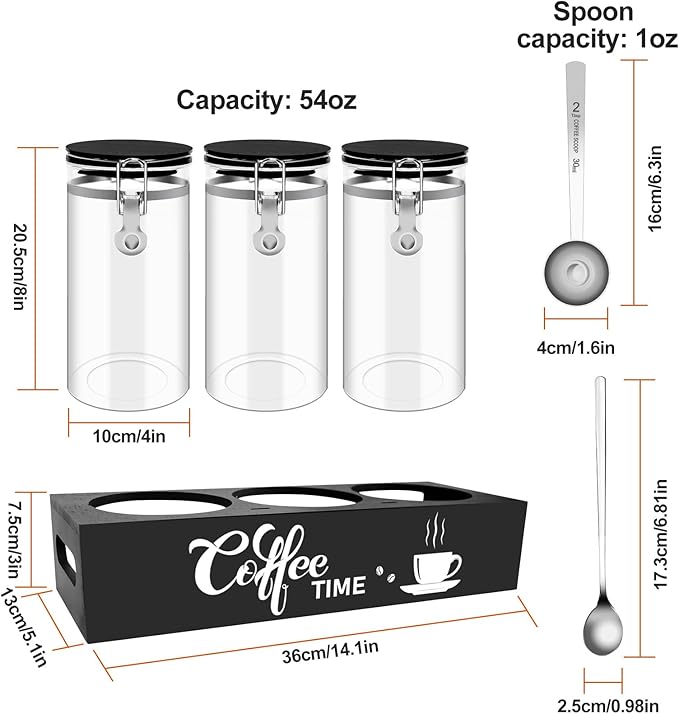 OARSE 3 PCS Glass Coffee Container with Wooden Shelf,3 x 54 oz Glass Coffee Bean Storage Container with Airtight Locking Clamp Lid Spoons Coffee Canister Set,Jars for Coffee Beans,Nuts,Tea,Sugar