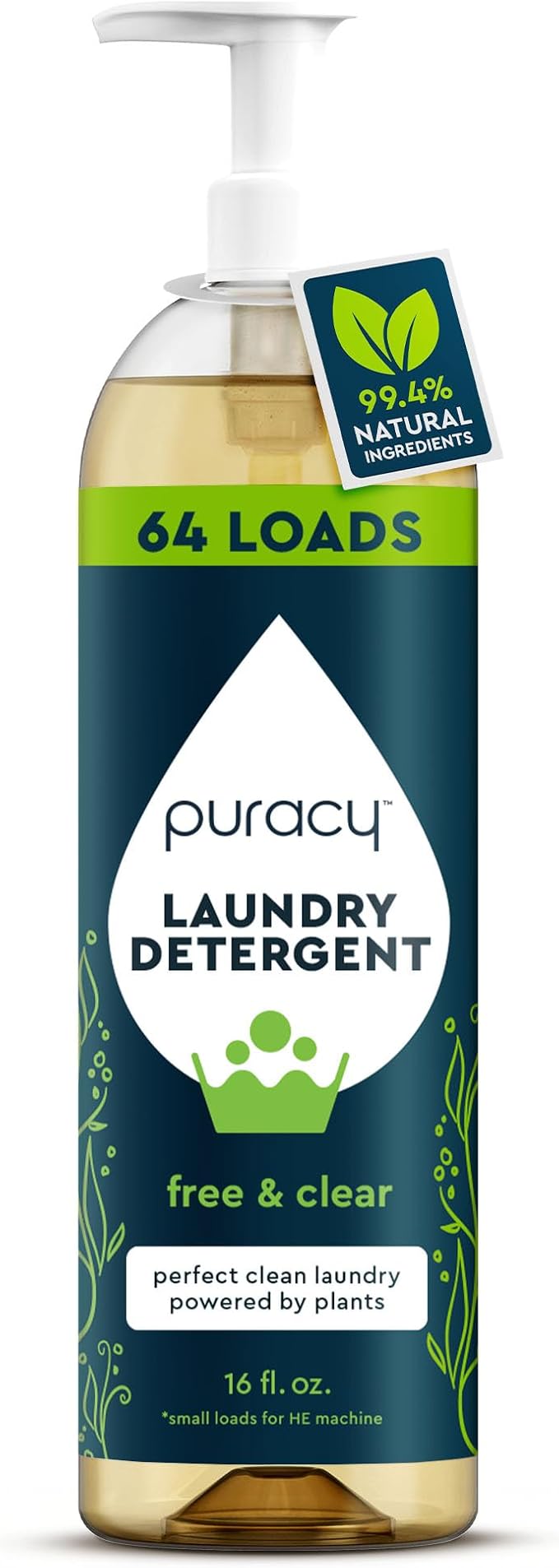 Puracy Laundry Detergent - Enzyme-Powered Liquid Laundry Detergent Concentrate, Natural Laundry Detergent Seen on TikTok, Non-Toxic (Free & Clear, 16 fl oz, 64 Loads)