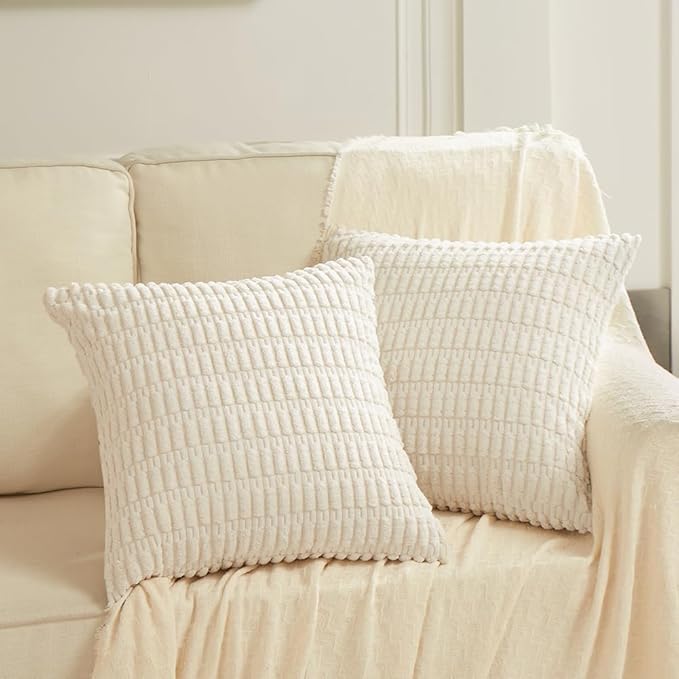 Fancy Homi 4 Packs Boho Cream Decorative Throw Pillow Covers 14x14 Inch for Living Room Couch Bed Sofa, Rustic Modern Farmhouse Home Decor, Soft Plush Corduroy Beige Cute Square Cushion Case 35x35 cm