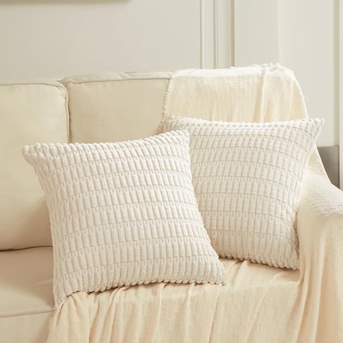 Fancy Homi 4 Packs Boho Cream Decorative Throw Pillow Covers 24x24 Inch for Living Room Couch Bed Sofa, Rustic Modern Farmhouse Home Decor, Soft Plush Corduroy Beige Cute Square Cushion Case 60x60 cm