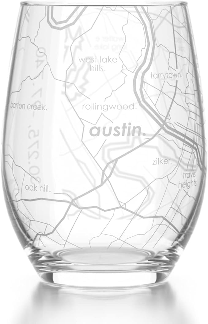Well Told Engraved Austin Texas Map Stemless Wine Glass, Etched Glass (15 oz, Clear) City Custom Gifts for Lovers