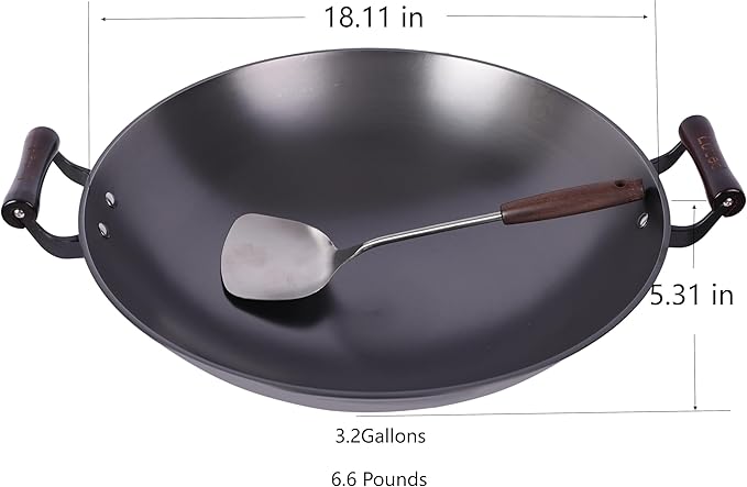 Chinese woks with a lid and a Spatula stir-fry pans deep fryer Cast Iron 18.11 Inches Round Bottom Pot Uncoated for Open Fire not easy to rust not easy to stick and durable for about 7-18 people