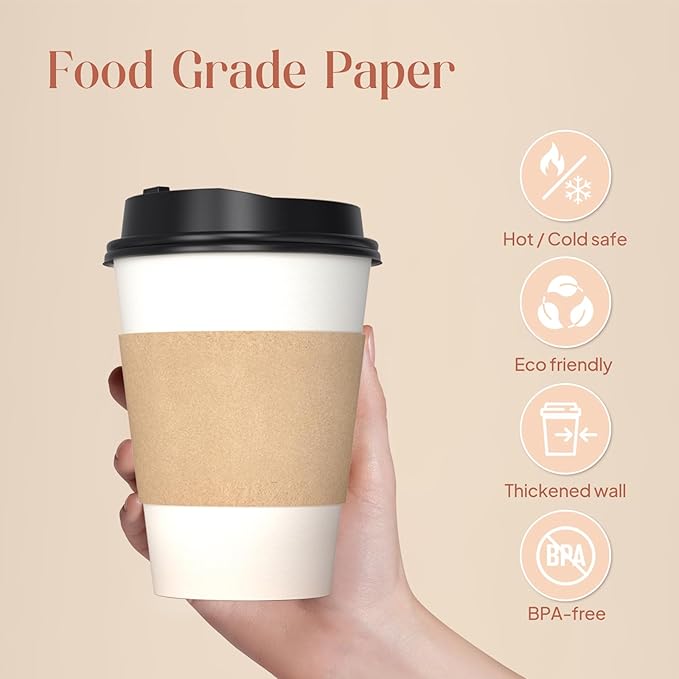 50 Pack 12 oz Compostable Coffee Cups with Lids and Straws, Biodegradable PLA Paper Cups, Eco-Friendly Disposable To Go Cups for Hot and Cold Drinks, White Bulk Cups for Office, Party, Travel