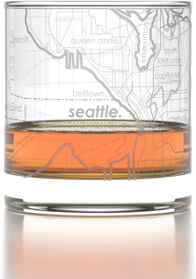 Well Told Engraved Seattle Washington Map Rocks Glass, Old Fashioned Whiskey Glass (11 oz, Clear) Etched Whiskey Glass, Gifts For Whiskey Lovers