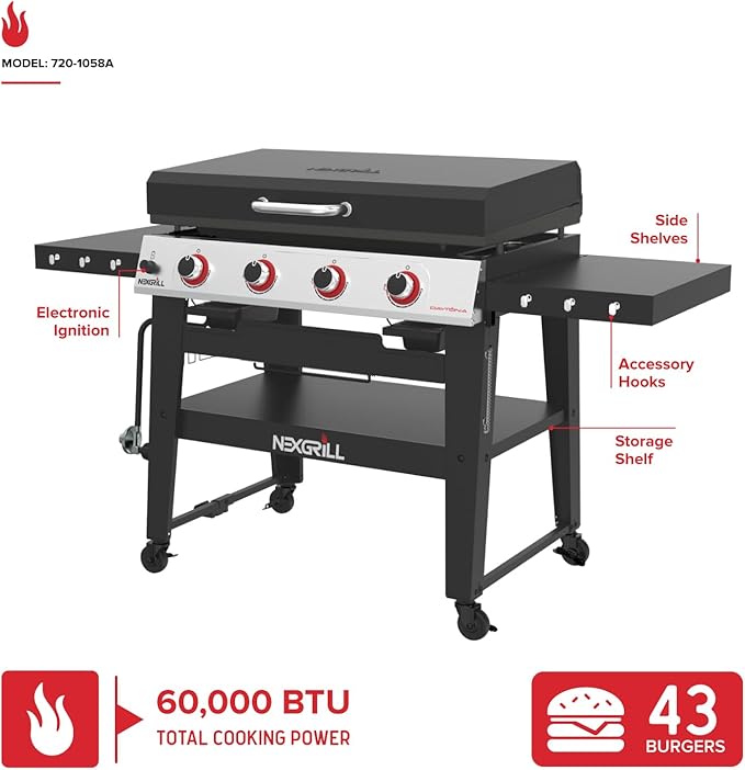 Nexgrill Daytona 4-Burner Propane Gas Griddle with Side Tables, 60000 BTU Flat Top Grill, 756 SQ In. Hot-Rolled Steel Cooking Space, Outdoor Cooking Barbeque, Black/Silver - 720-1058A