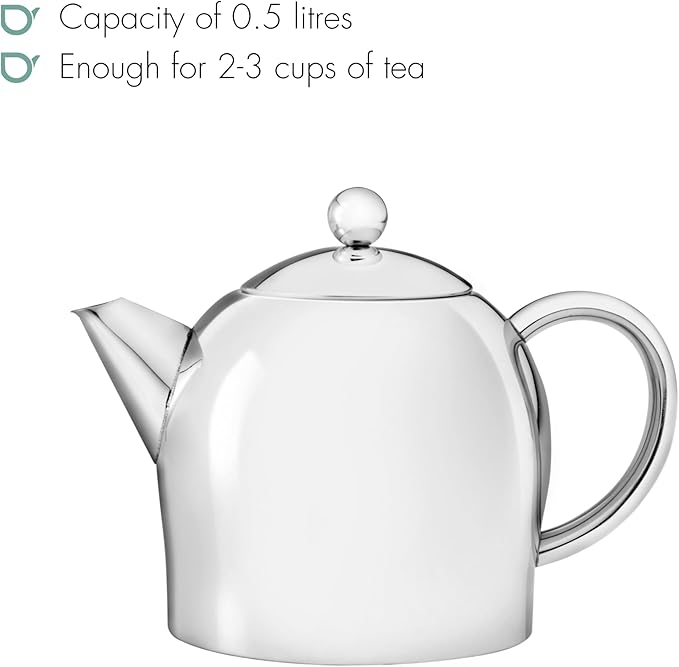 bredemeijer Santhee Double Walled Teapot, 0.5-Liter Stainless Steel Glossy Finish with Glossy Accents