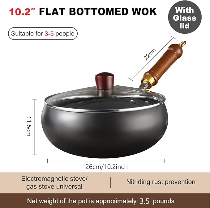 Carbon Steel Wok Pan, 10.2" Woks & Stir-Fry Pans with Glass Lid Cookwares, Nonstick Wok Flat Bottom Small Handmade Chinese Wok For for All Stoves