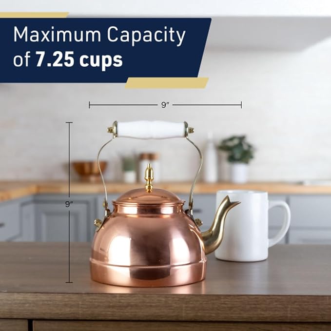 Classic Cuisine Copper Tea Kettle - Teapot for Stovetop with Copper Exterior, Nickel Lining, and Ceramic Handle - 7.25C/1.8Q Vintage-Style Kettle - Perfect for Tea, Coffee, or Cooking
