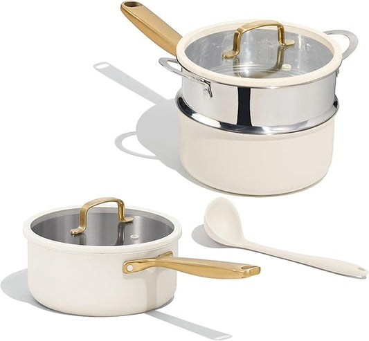 CAROTE 1.5Qt & 3.0Qt Stainless Steel Saucepan Set with Steamer & Ladle, Non-Toxic 3-Ply Stainless Steel Pot with Lids, Small Pots for Cooking, Oven Safe, Induction Compatible Cookware
