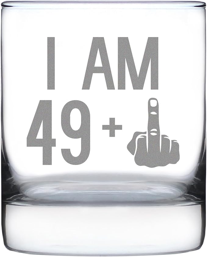Bevvee 49 + 1 Middle Finger - Funny 50th Birthday Whiskey Rocks Glass Gifts for Men & Women Turning 50 - Fun Whisky Drinking Tumbler