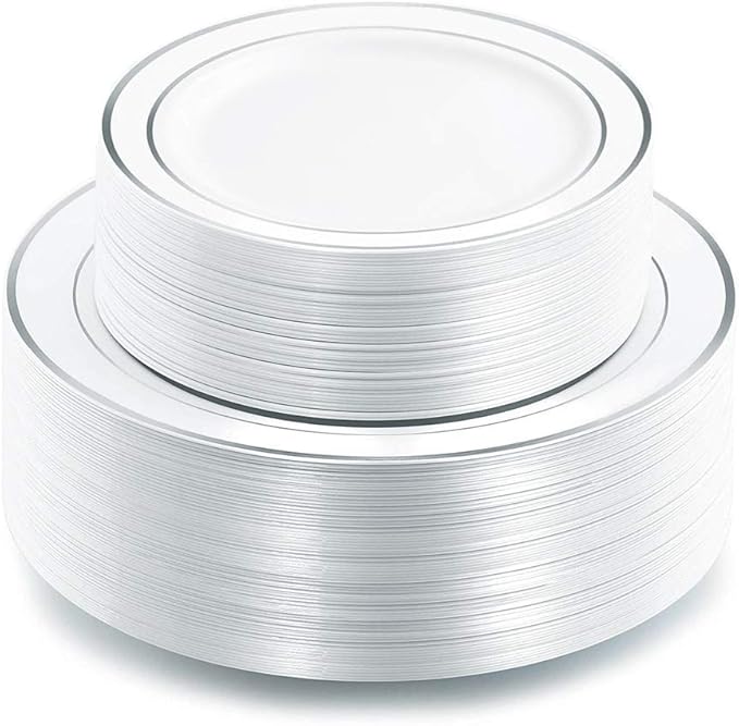 I00000 102pcs Silver Plastic Plates, Disposable Plastic Party Plates with White Silver Rim Fancy Wedding Party Plates Include 51 Dinner Plates 10.25" and 51 Dessert Appetizer Plates 7.5"