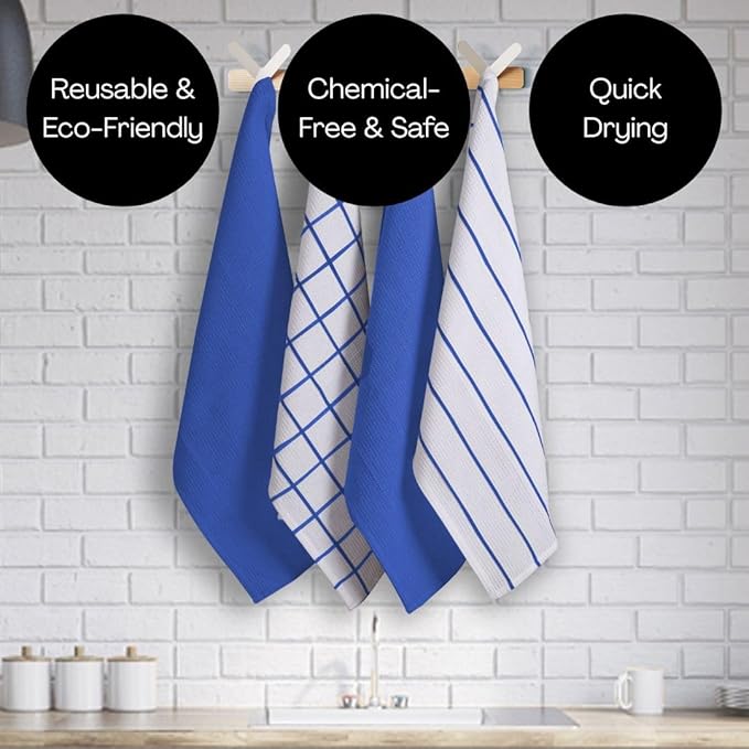 Assorted Waffle Kitchen Dish Towels 100% Cotton Set of 6, Soft Absorbent Quick Drying Table and Kitchen Linen, Tea Towels and Cleaning Towels with Hanging Loop, Dish Towels 15x25 Blue