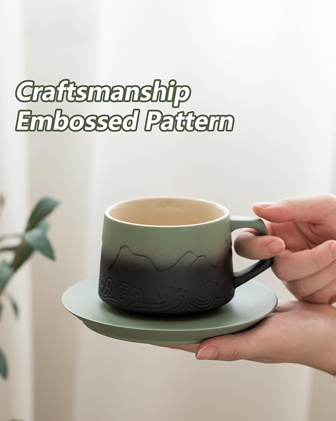 ZENS 8 Ounce Artistic Cappuccino Cups Set of 2, Embossed Ceramic Coffee Mug with Saucers for Latte Art, Moss Green & Black