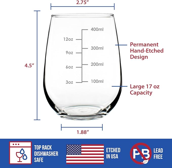 Custom Wine Measuring Cup - Personalized Stemless Wine Glass - Engraved Measurement Lines for Portion Control - Ounces and Metric - Large 17 Ounce - Customized Wine Glass Gift