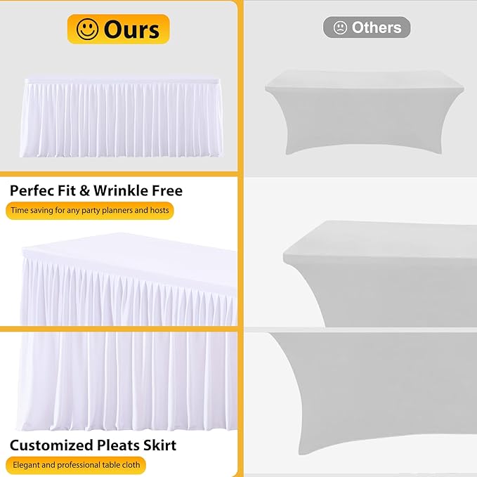 Wish Care 6 Pack White Rectangle Table Clothes for 8 Foot Tables, Polyester Fitted Tablecloths 8ft Stretch Table Cover for Wedding, Birthday, Parties, Trade Show, Craft Show