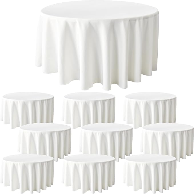 BIGTONE 10 Pack White Polyester Round Tablecloth 120 Inch, Wrinkle and Stain Resistant Washable Polyester Fabric Table Cloth for Dining Room Kitchen Party, White