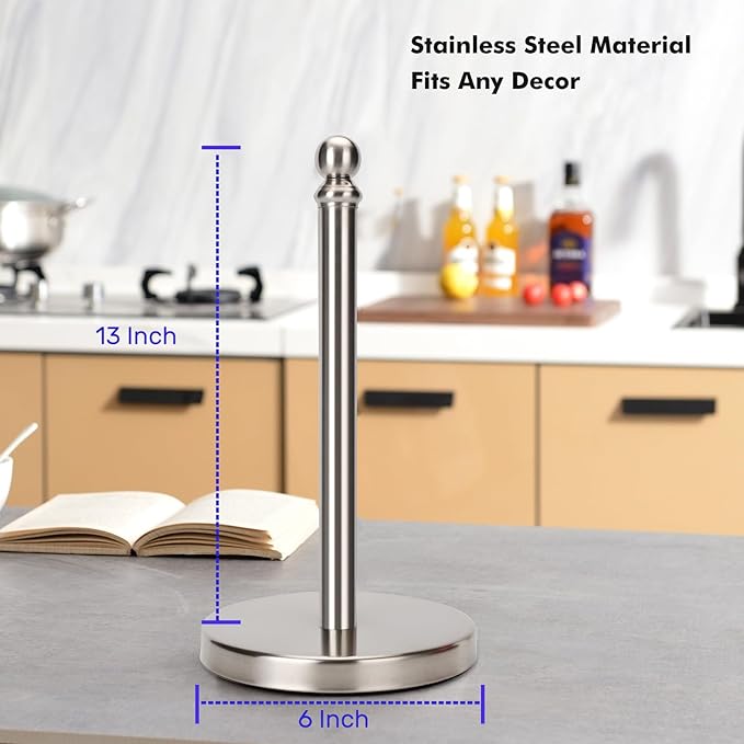 Paper Towel Holder Countertop, Standing Paper Towel Roll Holder for Kitchen Bathroom, with Weighted Base for One-Handed Operation (Brushed Nickel)
