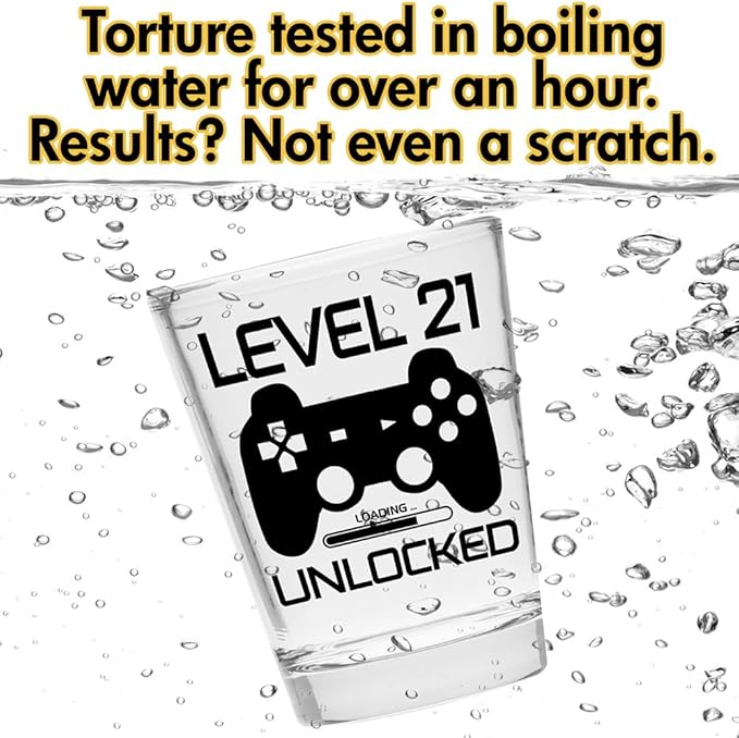 Level 21 Unlocked - Birthday Shot Glass - Celebrate Turning Twenty-One- 21st Birthday Shot Glass for Him/Her - Shot Glass for 21st bday (Pack of 2)