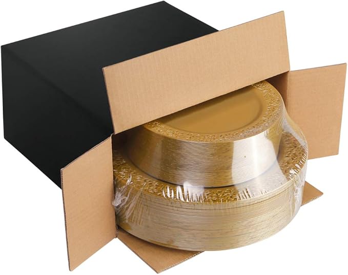 I00000 102 PCS Brown Gold Plastic Plates, Lace Design Disposable Plates, BPA Free Plates Includes: 51 Dinner Plates 10.25 Inch and 51 Salad/Dessert Plates 7.5Inch for Wedding and Party