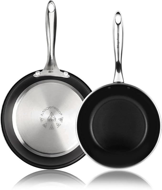Magefesa Prisma Frying Pan Set, 7.8" & 9.4", 18/10 Stainless Steel, Triple-Layer Nonstick, Works on All Stovetops Including Induction, Oven Safe to 392°F, Dishwasher Safe, Durable Cooking Skillets
