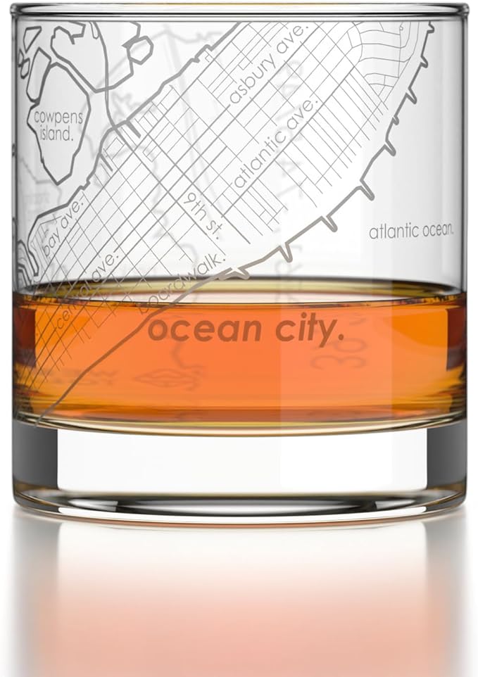 Well Told Engraved Ocean City New Jersey Map Rocks Glass, Old Fashioned Glassware (11 oz, Clear) Etched Bourbon Tumbler, Gifts For Whiskey Lovers