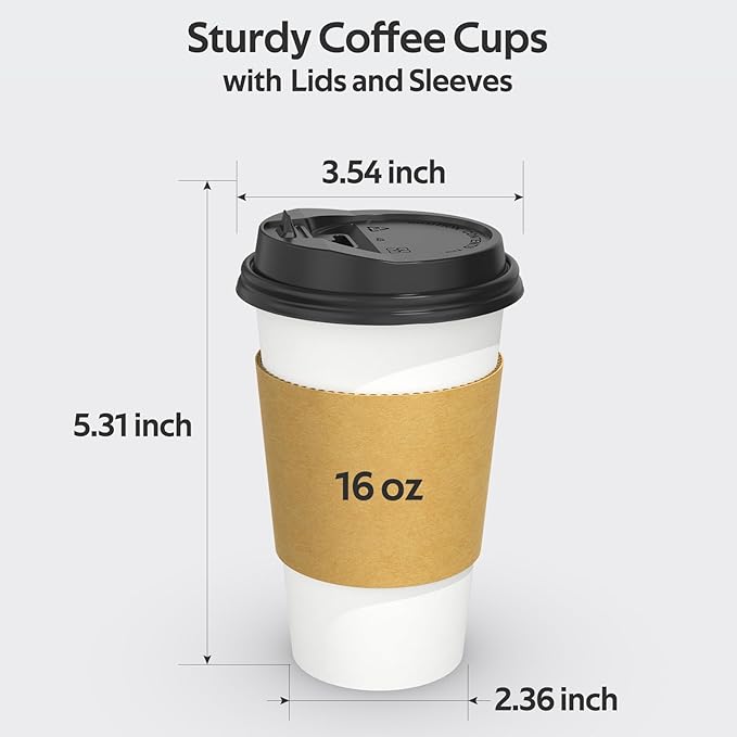 100 Pack 16 oz Disposable Coffee Cups with Lids and Sleeves, Sturdy Thick Paper & Leak-free Insulated to Go Paper Hot Coffee Cups for Hot & Cold Beverage