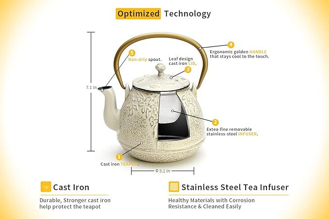 Toptier Cast Iron Tea Kettle, Stovetop Safe Japanese Cast Iron Teapot with Infuser, Leaf Design Tea Kettle for Stove Top Coated with Enameled Interior for 32 Ounce (950 ml), Creamy White