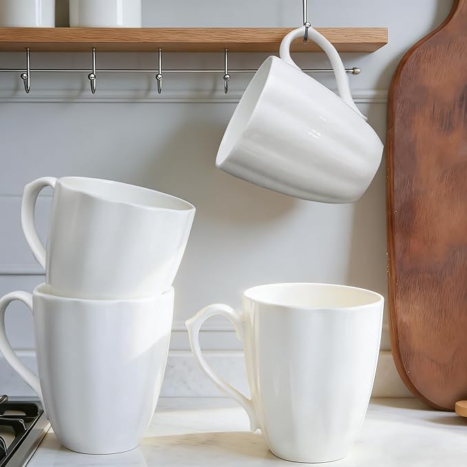 Fine Bone China Coffee Mugs Set of 6 (12 oz), White Pumpkin Shaped Tea Cups, Lightweight Ceramic Coffee Mugs for Women, DIY Gifts for Festival, Microwave Oven and Dishwasher Safe