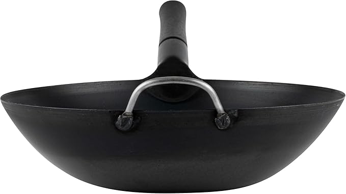 Restaurantware-Motomori 14 Inch Pre-Seasoned Carbon Steel Wok, 1 Traditional Japanese Wok - Flat Bottom, Wooden Handle, Black Carbon Steel Traditional Stir Fry Pan, With Helper Handle