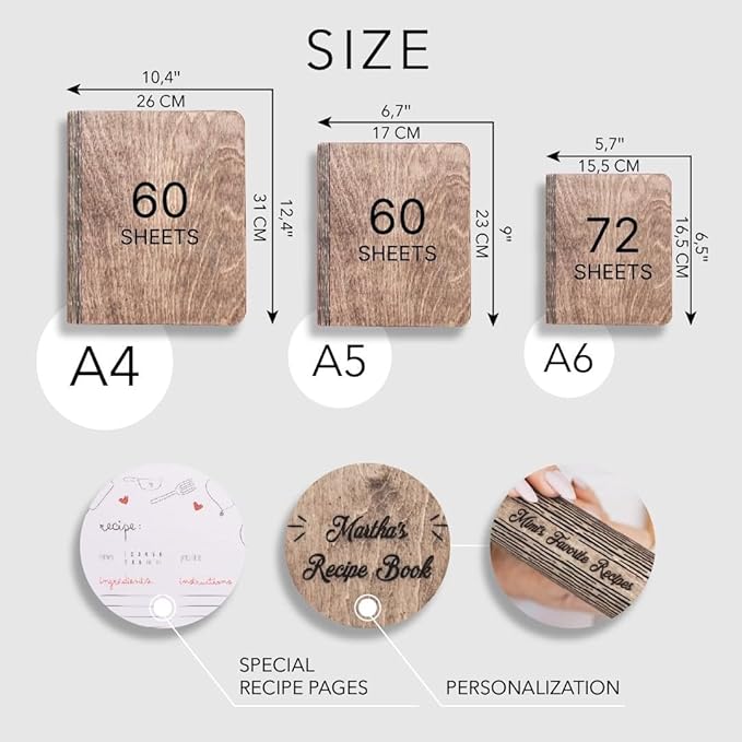 ENJOY THE WOOD Wooden Blank Recipe Book Binder - Personalized Recipe Notebook - Family Cookbook Journal Custom Sketchbook To Write In Organizer by Enjoy The Wood (Pasta, Small (A6))