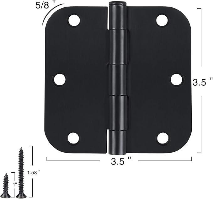 Rounded Door Hinges 3-1/2" x 3.5 inch, 5/8 Radius, Matte Black 3 ½ Inch 6 Pack