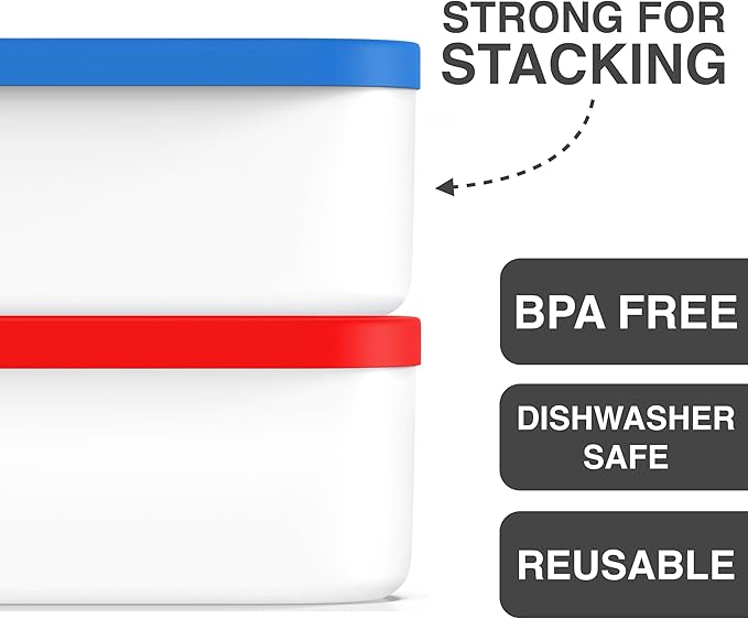 Ice Cream Containers - 2 Quart Ea. (Set of 2) - Premium Reusable Freezer Storage for Homemade Ice Cream Tub for Sorbet, Frozen Yogurt - Flexible Silicone Lids, Long Scoop, Stackable - Blue & Red