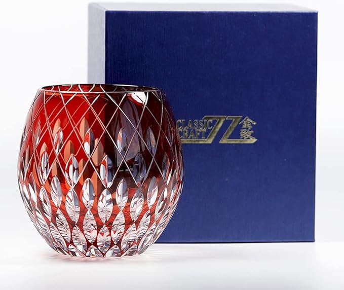 JINZHI Japanese Style EDO Kiriko Whiskey Glasses 11OZ Unique Shape Colored Hand Carved Glass Tumbler for Bourbon Lovers - Style Glassware for Rum - Rocks glasses in Gift Box (Red)