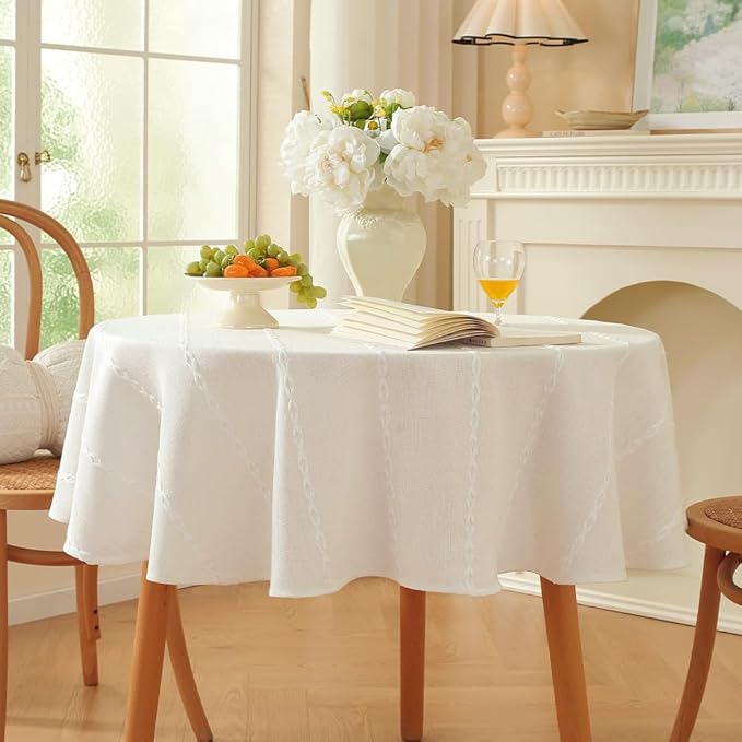 Zobesta White Table Cloth Round Tablecloth 53 inch, Washable Linen Farmhouse Soft Boho Round Table Cloth for Party, Holiday, Picnic, Dining, Outdoor,Fall, Wedding