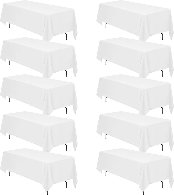 BRILLMAX 10 Pack White Tablecloths 70 x 120 Inch for 6ft & 8ft Rectangle Tables - 150 GSM Polyester Fabric, Universal Fit, Water, Stain & Wrinkle Resistant Cloth Cover for Wedding Reception Banquet
