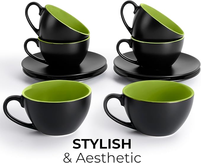 MIAMIO - Set of 6, Ceramic Stackable Cappuccino Cups Set / 6 Ounce Cappuccino Mugs and Saucer with Metal Stand for Coffee Drinks, Cafe, Latte, Americano and Tea - Le Papillon Collection (Green)