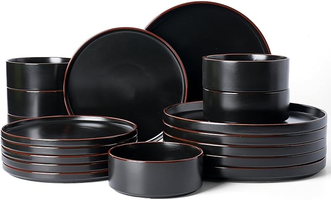 Famiware Nebula Ridge Stoneware Dinnerware Sets for 6, Plates and Bowls Sets, 18 Pieces Dishes Set, Microwave and Dishwasher Safe Kitchen Plates, Matte Black
