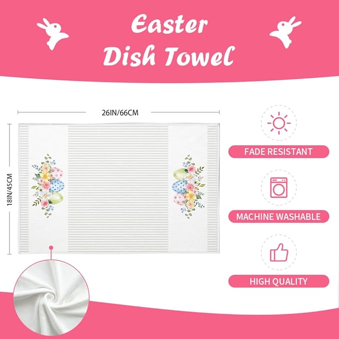ARKENY Easter Kitchen Towels Set of 2,Beige Pink Bunny Floral Eggs Dish Towels 18x26 Inch Drying Dishcloth,Farmhouse Home Seasonal Spring Decorations AD217