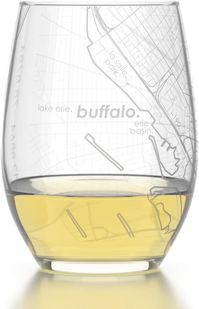 Well Told Engraved Buffalo NY Map Stemless Glass, Custom Etched City Map Wine Glass (15 oz, Clear) for Wine Lovers