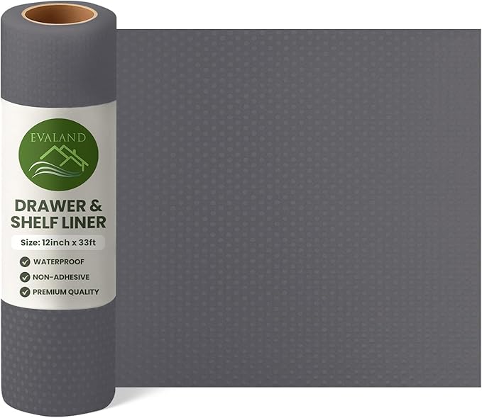EVALAND Shelf Liners for Kitchen Cabinets Non-Adhesive 12" x 33 FT Gray Drawer Liner Non Slip, Washable Cabinet Liner, Waterproof Shelf Liners for Cabinets, Refrigerator Bathroom Pantry Cabinet Mat