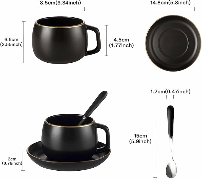 Ceramic Teacup and Saucer Set with Gold Trim Design 9.8oz Matte Plain Color Ceramic Coffee Mug Black