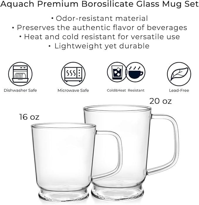 Aquach Set of 2, 20-Ounce Glass Coffee Mugs with Handle - Heat Resistant, Clear Cups for Daily Use